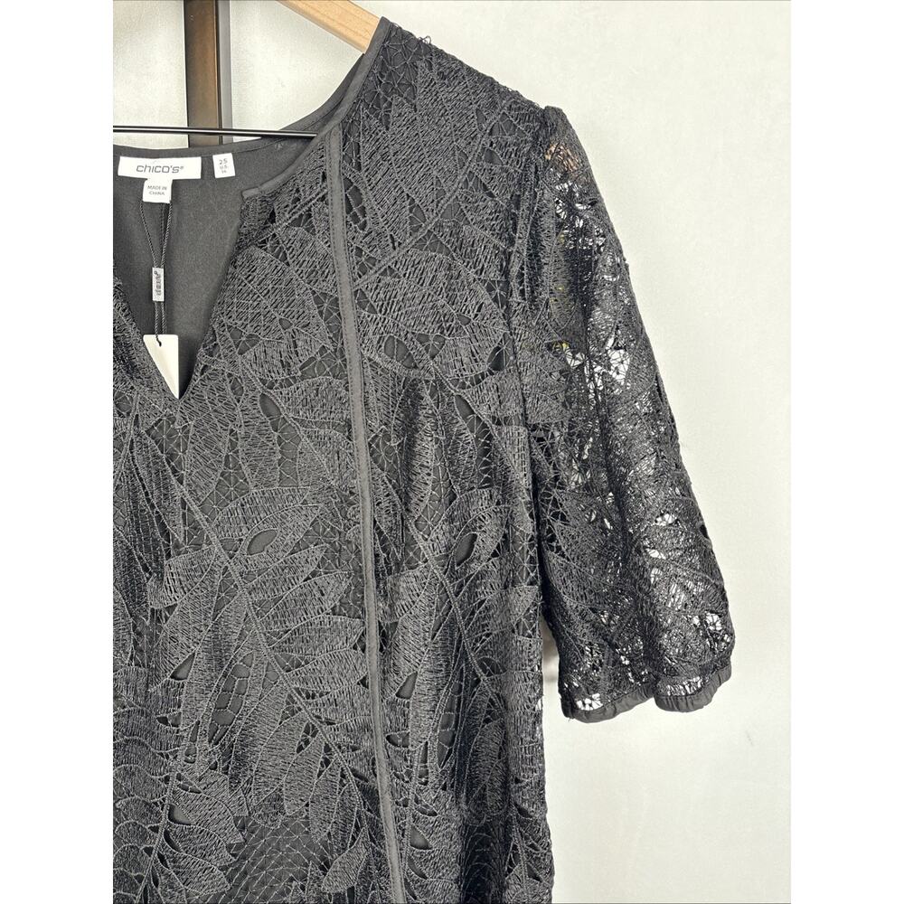 NEW Chico's Lace Leaf Dress Women's Size 14 Black Textured Short Sleeve Boho - Picture 3 of 12